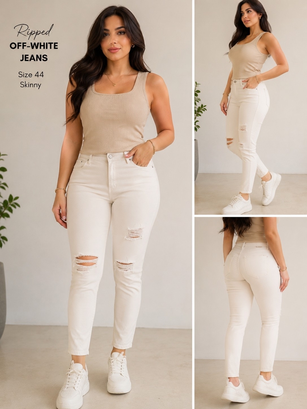 Ripped Off-White Skinny Jeans - Women's Size 44 Cotton Blend